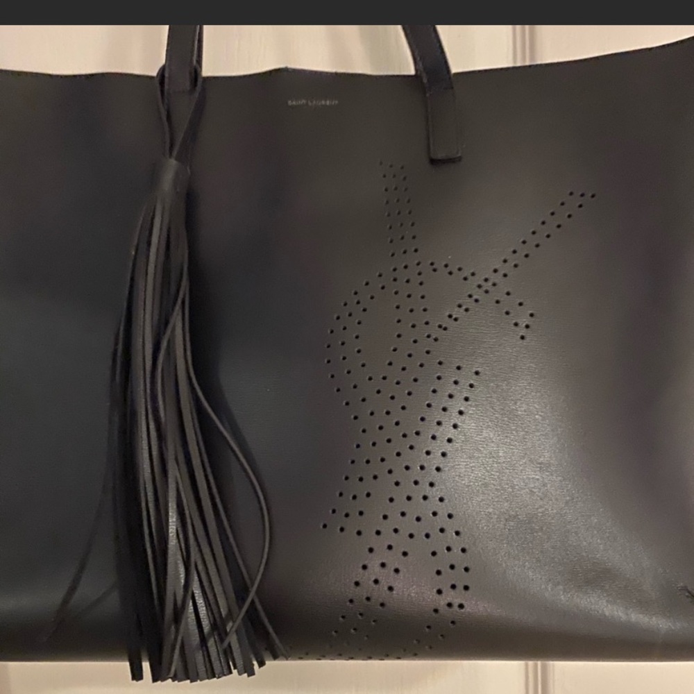 Yves Saint Laurent Black Leather Perforated Tote with Tassel